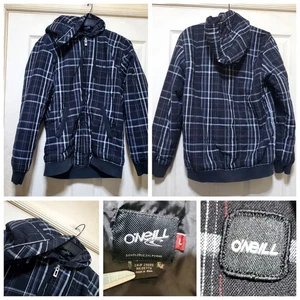 O'Neill Jacket Mens Large Black Gray Plaid Hooded Quilted Full Zip Winter Coat - Picture 1 of 15