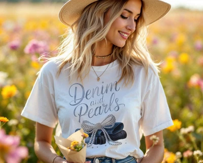 Camiseta gráfica de mezclilla y perlas - Camiseta de concierto Western Country para mujer A286 Foto 1 de 4