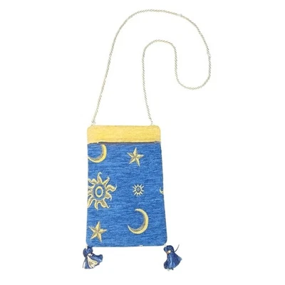 Whimsigoth Celestial Sun Moon Star Blue Gold Tapestry Crossbody Bag Purse Zipper - Image 1 of 4