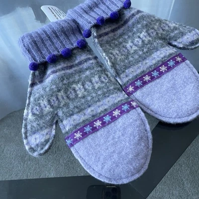 Handmade Womens Recycled Mittens Grey Purple Pom Pom Snowflake Size L Winter - Image 1 of 3