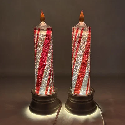 10" Illuminated Candles Glitter Lamps Pedestal Set Of 2 Striped Candy Cane - Image 1 of 4