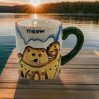 Caneca de gato em relevo café/chá/copo de chocolate quente!! Gatinho branco amarelo e azul - Imagem 1 de 3