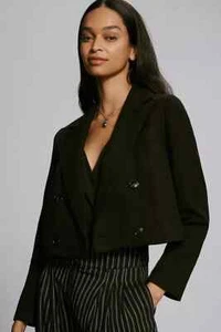 Anthropologie Maeve L NWT Cropped Textured Suiting Blazer Jacket Black Large - Picture 1 of 5