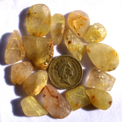 15 Pcs Natural Golden Rutile Quartz Raw Face 13mm-23mm Druzy Cabochon Gemstones - Image 1 of 4