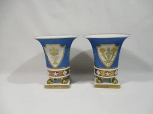 ANCIENNE PAIRE VASE CORNET EPOQUE EMPIRE PORCELAINE DE PARIS DECOR OR FIN - Picture 1 of 12