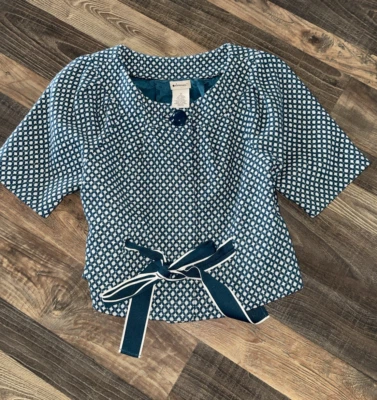 Anthropologie Elevenses Tea Cozy Teal Tweed Tie Front Crop Blazer Jacket Size 2 - Image 1 of 4