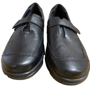 Apex Black Leather Comfort Shoes Size 9.5 M Slip Resistant Sole Hook Loop Adj - Picture 1 of 10