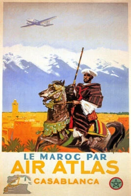 SEE MOROCCO CASABLANCA AIRPLANE ATLAS TRAVEL ARAB HORSE VINTAGE POSTER REPRO - Image 1 of 3
