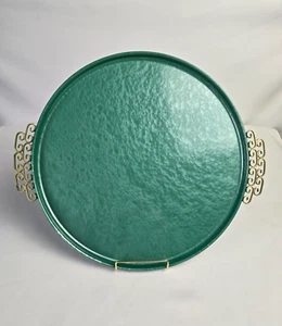 Vintage Mid Century Modern 15" Moire' Glaze Kyes Green Teal Enameled Tray - Picture 1 of 10