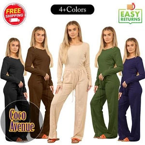 Conjunto de 2 piezas de body acanalado de pierna ancha para damas Chándal Co Ords Ropa de salón - Imagen 1 de 29