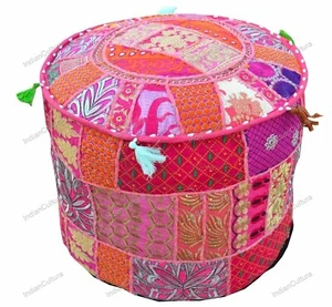Indian Pink Floral Floor Pillow Decor Cotton Pouf Footstool Ethnic Room Decor - Picture 1 of 8