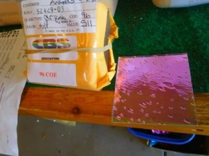 Dichroic Glass:CBS 96 COE Green/Pink on Rainwater Textured Clear 3"Sq - Picture 1 of 1