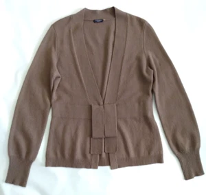 Magaschoni Size M Tan Brown Cashmere Bow Detail V Neck Hook Eye Cardigan Sweater - Picture 1 of 7
