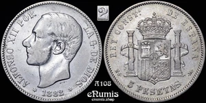 SPANIEN, Alfonso XII, 5 Pesetas 1882 /1 MS-M, ss+ - Bild 1 von 5