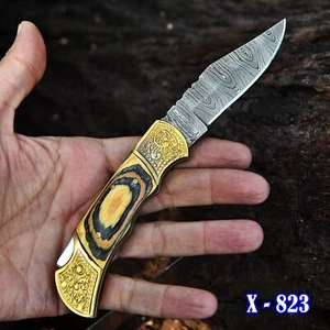 Handmade Folding Blade Pocket Knife Wood Handle-Sheath Outdoor Tactical Camping - Picture 1 of 5