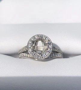 14k White Gold Round Pave Halo Diamond Engagement Semimount Wedding Ring Set - Picture 1 of 11