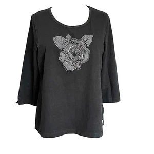 Quacker Factory Bluse Gr. L schwarz 3/4 Arm Blumen akzentuiert mit Perlen & Glitzer - Bild 1 von 10