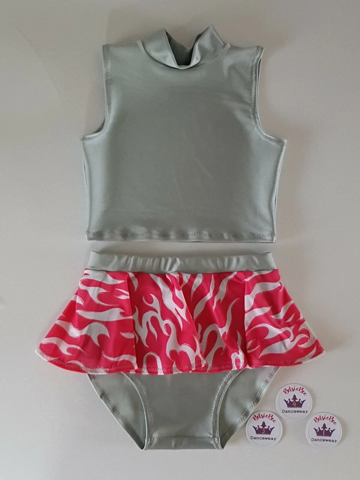 (#341) Age 7/9 Freestyle Dance Crop Top/Skirted Briefs Pink Flames/Silver - Image 1 of 3