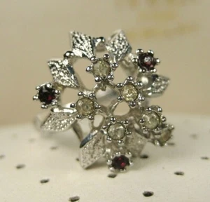 Vintage Retro 60er Jahre abstrakter spektakulärer roter Strass Blumenmuster Cluster Ring Größe 9 - Bild 1 von 10