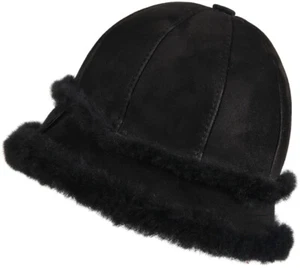 Women's Shearling Sheepskin Winter Fur Bucket Beanie Hat Black Suede - Picture 1 of 7
