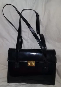 Cole Haan Handbag Black Patent Leather Push Lock Double Handles Purse Classy Bag - Picture 1 of 8