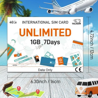 SIM de viaje de viaje corto de 7 días - 1 GB ultra rápido 4G LTE datos ilimitados 51 naciones Foto 1 de 4