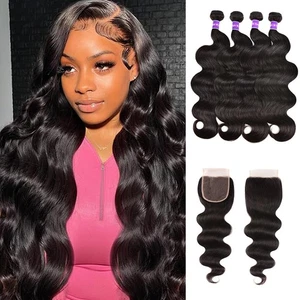 Human Hair Bundles with Closure Body Wave(22 24 26 28+20,Free Part) Brazilian... - Bild 1 von 6