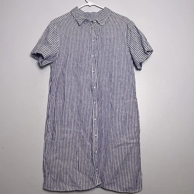 Vestido Camisa Tahari Lino Abotonada Manga Corta Bolsillo Talla L Azul Blanco Rayas Foto 1 de 4
