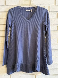 LOGO Lori Goldstein Top Damen Gr. XXS blaue Tunika weicher Waffelstrick V-Ausschnitt - Bild 1 von 5