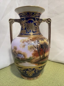 Noritake Cobalt Blue Hand Painted Nature Scene Vase With 24k Gold Gilt 1920s? - Picture 1 of 15