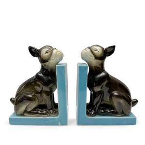 Vintage Porzellan Boston Terrier Französische Bulldogge Hunde Set Buchstützen Aqua - Bild 1 von 12