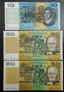 3 Australien Papier Banknoten 10 $, 50 $, 1992, Cole / Fraser, Evans 1994 AUD Dollar - Bild 1 von 2