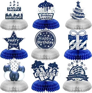 9 Pieces Happy Birthday Party Decorations Blue White Silver Birthday Table Cente - Picture 1 of 7