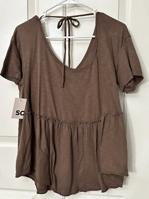 NWT SO Short sleeve Tiered Peplum Top w/ Tie-back Size Small Brown Loose Relaxed - Image 1 of 4