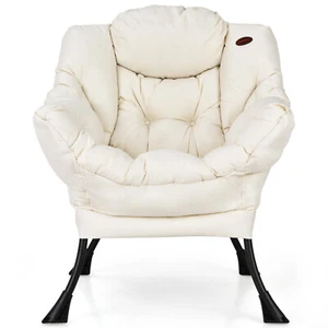 Costway Modern Single Sofa Chair Polyester Fabric Lazy Chair w/Side Pocket Beige - Picture 1 of 11