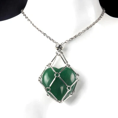 Metal Joint Woven Net Natural Green Aventurine Heart Pendant Adjustable Necklace - Image 1 of 4