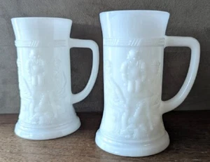 Vintage Federal Milk Glass Stein Tankard Set of 2, Pub Bar Scene, 6" Tall, 10 Oz - Picture 1 of 8