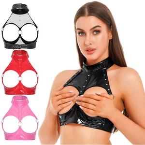 Womens Hollow Cupless Bra Lingerie Patent Leather Underwear Wet Look Crop Tops - Picture 1 of 45