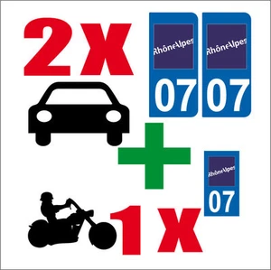 Lot 3 STICKERS 2 x AUTO+1x MOTO STYLE PLAQUE IMMATRICULATION DEPARTEMENT 07 - Picture 1 of 1