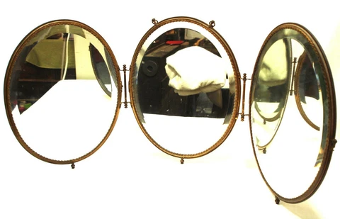 Antique Oval Victorian Tri-Fold Dresser, Wall, Travel Mirror - EX Cover