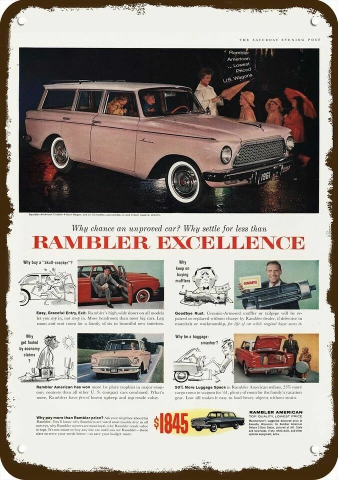 1961 RAMBLER AMERICAN розовый универсал винтажный вид декоративная копия металлический знак - Изображение 1 из 1