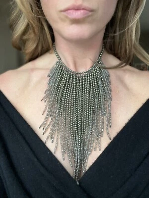 Colar Brunello Cucinelli prata contas cachoeira franja com gargantilha hematita - Imagem 1 de 4