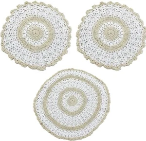 VINTAGE COTTON CROCHET COTTON LACE DRESSING TABLE SET ROUND 2 X 8" 1X 2" £11.99 - Picture 1 of 3