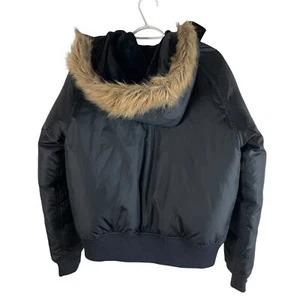 Ralph Lauren Polo Jeans Womens Puffer Jacket Faux Fur Hood Large Black Full Zip - Picture 1 of 10