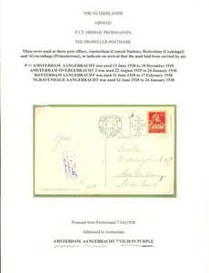 NETHERLAND-SWITZERLAND PPC 1928-PROPELLOR PM -=AMSTERDAM AANGEBRACHT= VF @1 - Picture 1 of 2