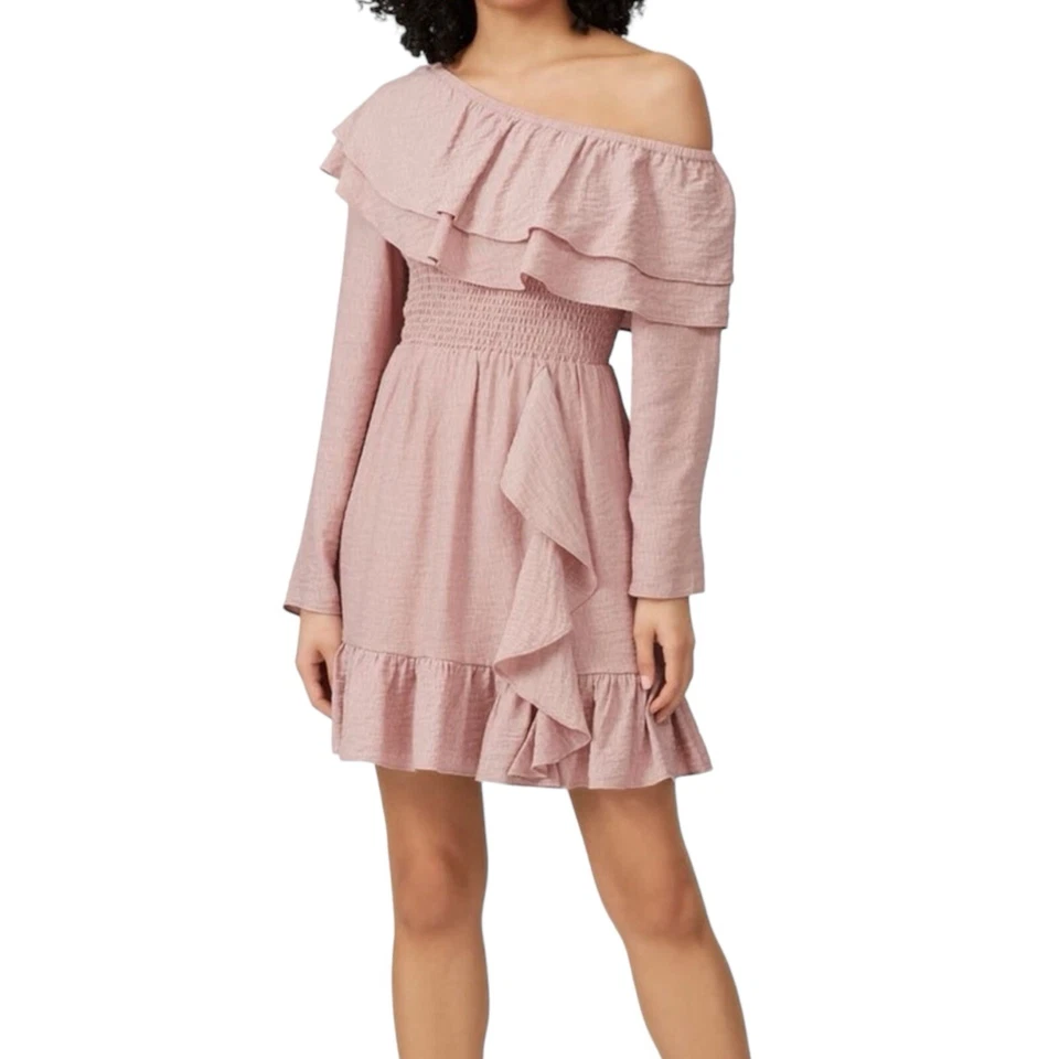 Vestido Wish Rosa Senna Un Hombro Volantes Mini Para Mujer Talla M Ajuste Acampanado Manga Larga Foto 1 de 4