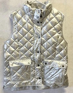 Talbots Quilted Down Puffer Vest Womens L Silver Full Zip - Picture 1 of 8