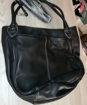 BOLSO DE HOMBRO SOPHIA CAPERELLI XL CUERO 17×12 Negro con Forro Estampado Leopardo Nuevo Foto 1 de 4