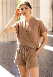 NATALIE BUSBY Organic Cotton Gauze Drawstring Shorts Size M Chocolate Mousse - Picture 1 of 15