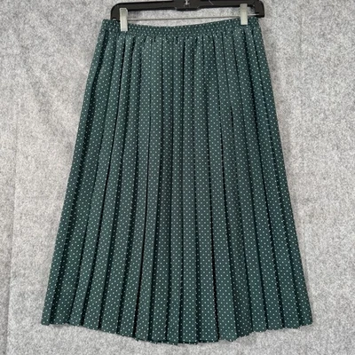 VTG Pleated Midi Skirt Womens 14P Green Polka Dot Petite Pockets Retro School - Image 1 of 4